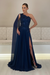 Navy Blue One-Shoulder Sleeveless Chiffon Evening Dresses Long with Side Slit - Prom Dresses