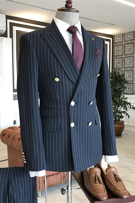 Franklin Formal Black Peaked Lapel Double Breasted Striped Business Suits main image 0