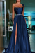 Navy Blue Pleated A-Line One Shoulder Prom Dress Gown with Front Split - Prom Dresses