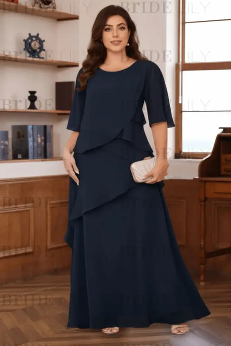 Navy Blue Plus Size Ruffles Chiffon Mother of the Bride Dress Scoop Neck with Half Sleeves