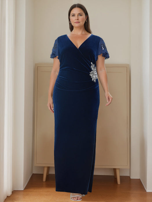 V-Neck Short Sleeve Floor-Length Velvet Sheath Dress with Ruffles and Appliques for the Mother of the Bride