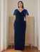 V-Neck Short Sleeve Floor-Length Velvet Sheath Dress with Ruffles and Appliques for the Mother of the Bride