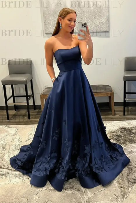 Light Blue Satin A-Line Prom Dress 3D Flowers & Pocket | Bridelily Light Blue Satin A-Line Prom Dress 3D Flowers & Pocket | Bridelily