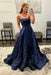 Navy Blue Strapless Satin Long Prom Dresses with 3D Flowers