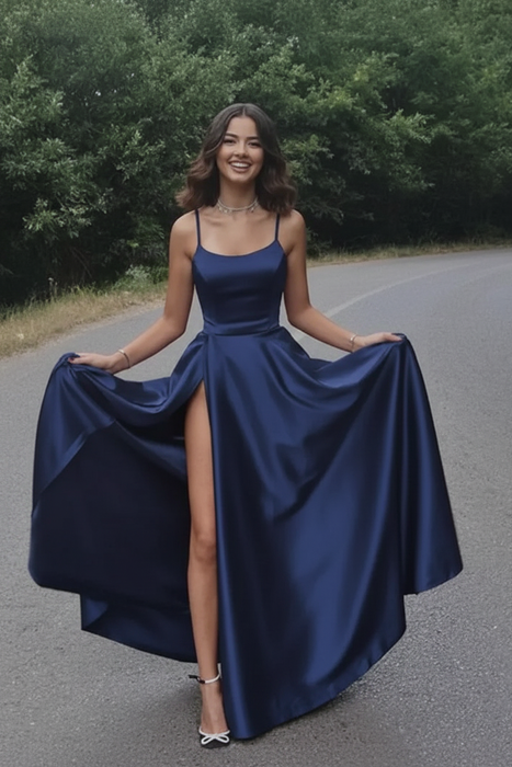 Navy Blue Aline Satin Long Prom Dresses with High Slit