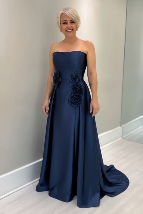 Navy Blue Satin Mother of the Bride Dress Strapless with Flowers - Prom Dresses