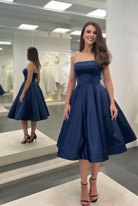 Navy Blue Satin Strapless Prom Dress