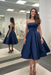 Navy Blue Satin Strapless Prom Dress