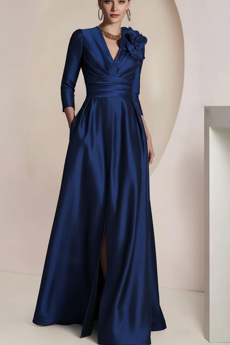 Navy Blue Satin V-Neck Mother of the Bride Dress with 3/4 Sleeves with Split Front
