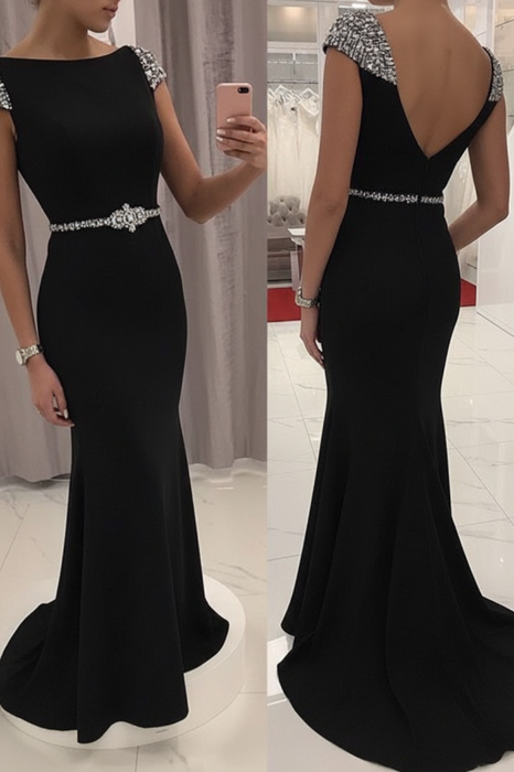 Black Sequined Fitted Cap Sleeve Mermaid Prom Dress Formal Gown - Prom Dresses