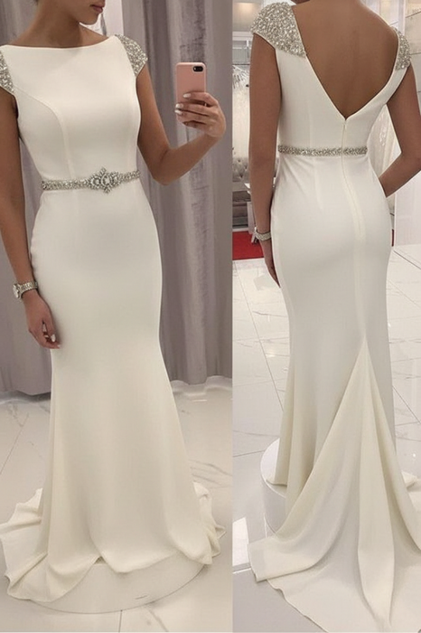 Ivory Sequined Fitted Cap Sleeve Mermaid Prom Dress Formal Gown - Prom Dresses