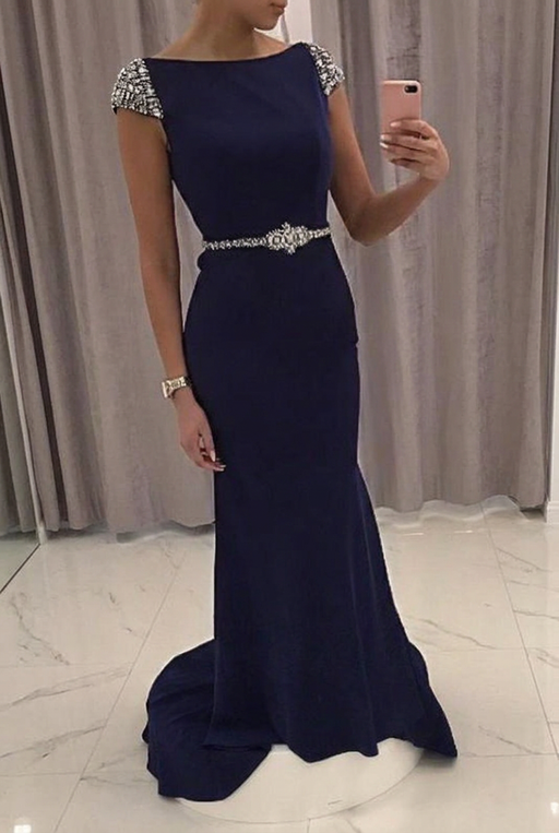 Navy Blue Sequined Fitted Cap Sleeve Mermaid Prom Dress Formal Gown Front View