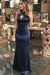 Navy Blue Sheath Sleeveless Halter Floor-Length With Ruffles Satin Dresses - Prom Dresses