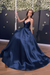 Navy Blue Simple A Line V Neck Backless Yellow Long Prom Dresses