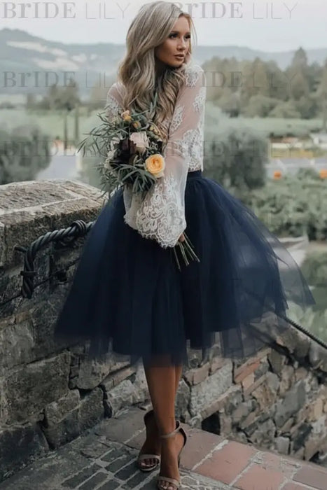 Navy Blue Simple Wedding Dress A Line Designed Neckline Lace Tulle Bridal Gowns