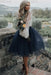 Navy Blue Simple Wedding Dress A Line Designed Neckline Lace Tulle Bridal Gowns