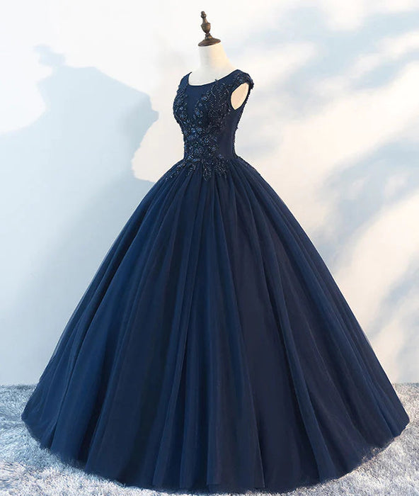 Navy Blue Sleeveless A-Line Lace Printed Prom Dress