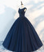 Navy Blue Sleeveless A-Line Lace Printed Prom Dress