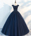 Navy Blue Sleeveless A-Line Lace Printed Prom Dress