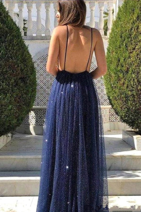 Navy Blue Sparkling Sequin Spaghetti Strap Prom Gown