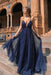 Navy Blue Sparkling Sequin Spaghetti Strap Prom Gown