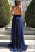 Navy Blue Sparkling Sequin Spaghetti Strap Prom Gown