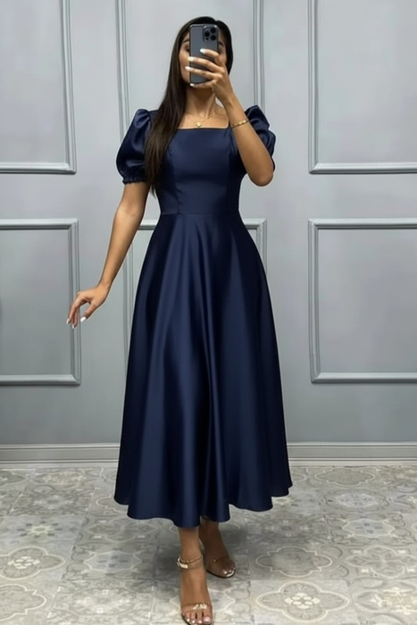 Navy Blue Square Neck A-Line Prom Dress with Short Sleeves