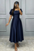 Navy Blue Square Neck A-Line Prom Dress with Short Sleeves