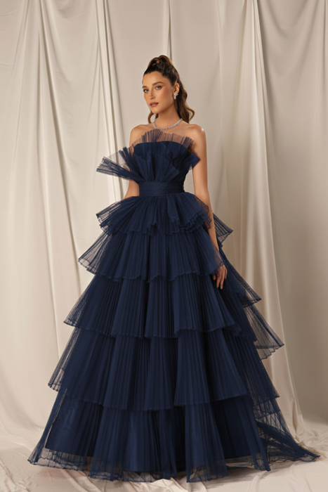 Navy Blue Strapless Mermaid Evening Gown with Layers and Sleeveless Design