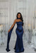 Navy Blue Stunning Satin Mermaid Prom Dress Yellow Beadings with Wrap