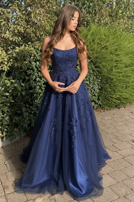 Navy Blue Stylish Lace Long Prom Dress with Spaghetti Straps