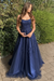 Navy Blue Stylish Lace Long Prom Dress with Spaghetti Straps
