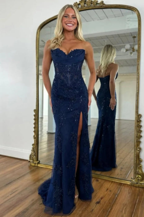 Navy Blue Sweetheart Lace Corset Mermaid Prom Dress Strapless with Split - Prom Dresses