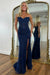 Navy Blue Sweetheart Lace Corset Mermaid Prom Dress Strapless with Split - Prom Dresses