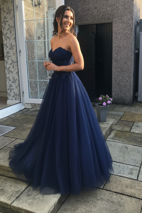 Navy Blue Sweetheart Neck Open Back Lace Long Prom Dresses