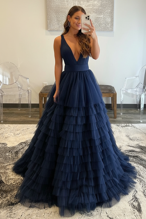 Navy Blue Tulle Formal Evening Dresses 