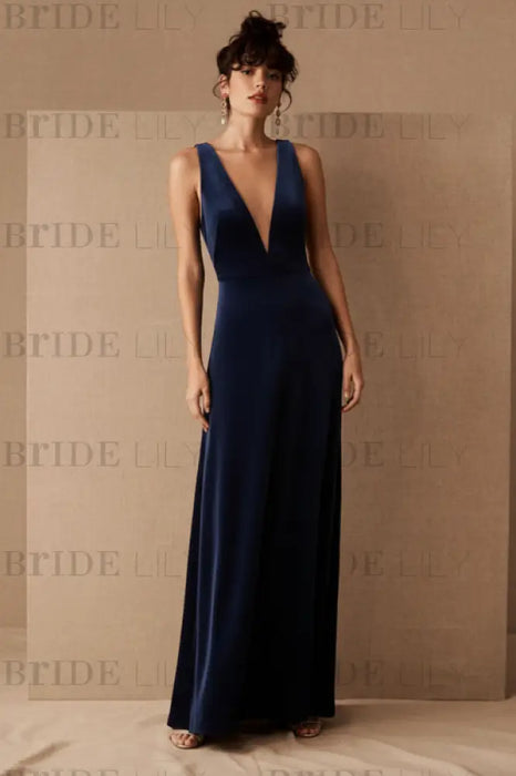 Navy Blue Evening Dress A-Line V-Neck Floor-Length Sleeveless Zipper Velour Formal Dinner Dresses