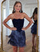 Navy Blue Velvet Strapless Sequin Fringe Homecoming Dress