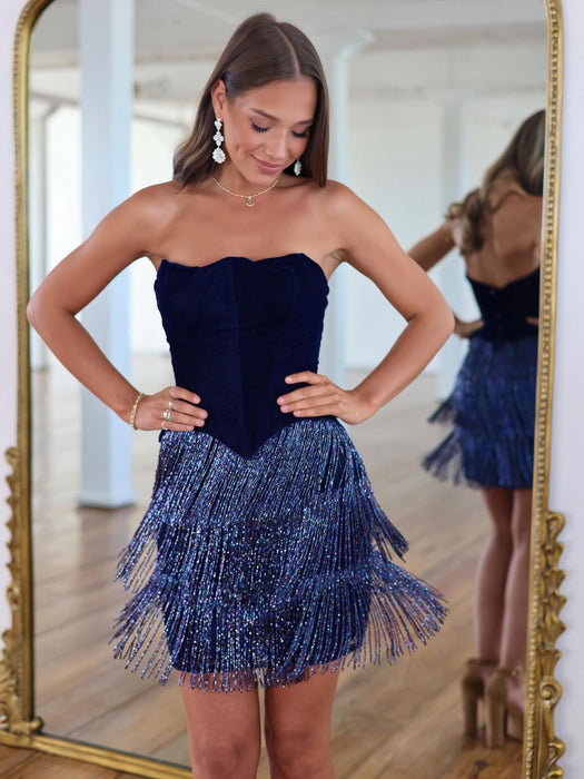 Navy Blue Velvet Strapless Sequin Fringe Homecoming Dress