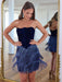 Navy Blue Velvet Strapless Sequin Fringe Homecoming Dress