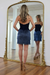 Navy Blue Velvet Strapless Sequin Fringe Homecoming Dress