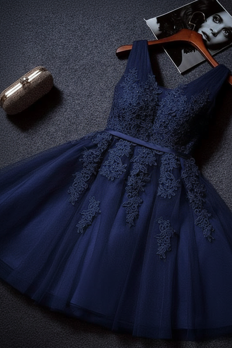 Navy Cute V Neck Sleeveless Appliques Tulle Homecoming Gown A Line Short Prom Dress