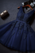 Navy Cute V Neck Sleeveless Appliques Tulle Homecoming Gown A Line Short Prom Dress