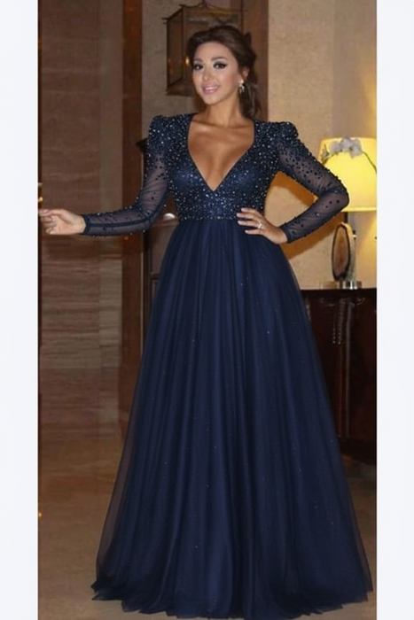 Navy Elegant Long Sleeve Formal Dress with Beads A Line Sparkle V Neck Evening Dresses - Prom Dresses