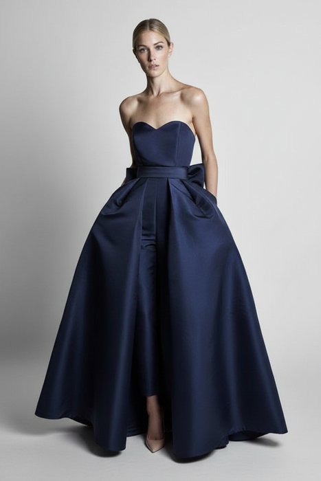 Navy Sweetheart Evening Jumpsuit Ball Gown Ankle Length Sleeveless Satin Social Party Jumpsuit