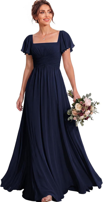 Bridelily Women's Flutter Sleeves Bridesmaid Dresses Square Neck Chiffon Maxi Dres - Navy