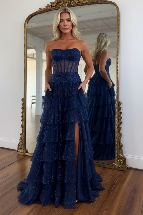 Navy Glitter Strapless Tiered Ruffle Corset Prom Dress Long with Slit