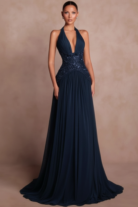 Navy Halter Aline Evening Dress Glitter Chiffon Prom Dress with Sequins