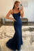 Navy Lace Mermaid Backless Long Prom Dresses