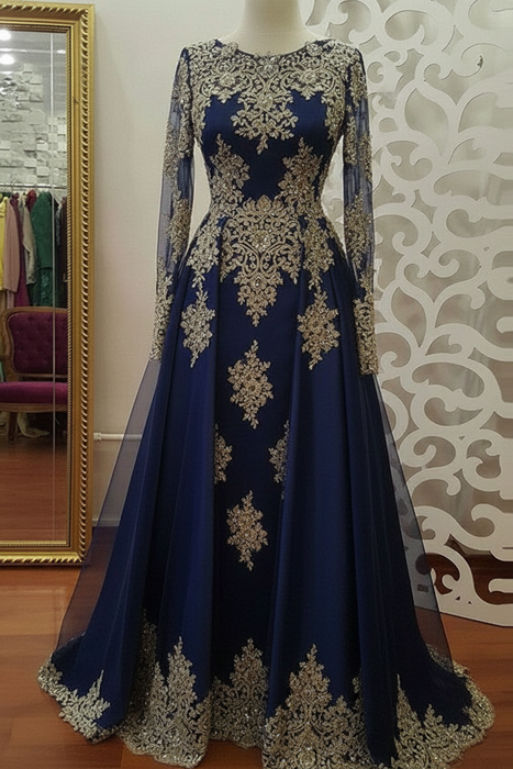 Navy A-Line/Princess Long Sleeves Scoop Floor-Length Applique Tulle Muslim Dresses - Prom Dresses